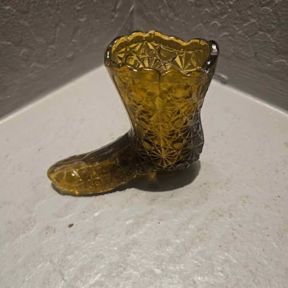 Fenton Amber Button Daisy Art Glass Boot Shoe